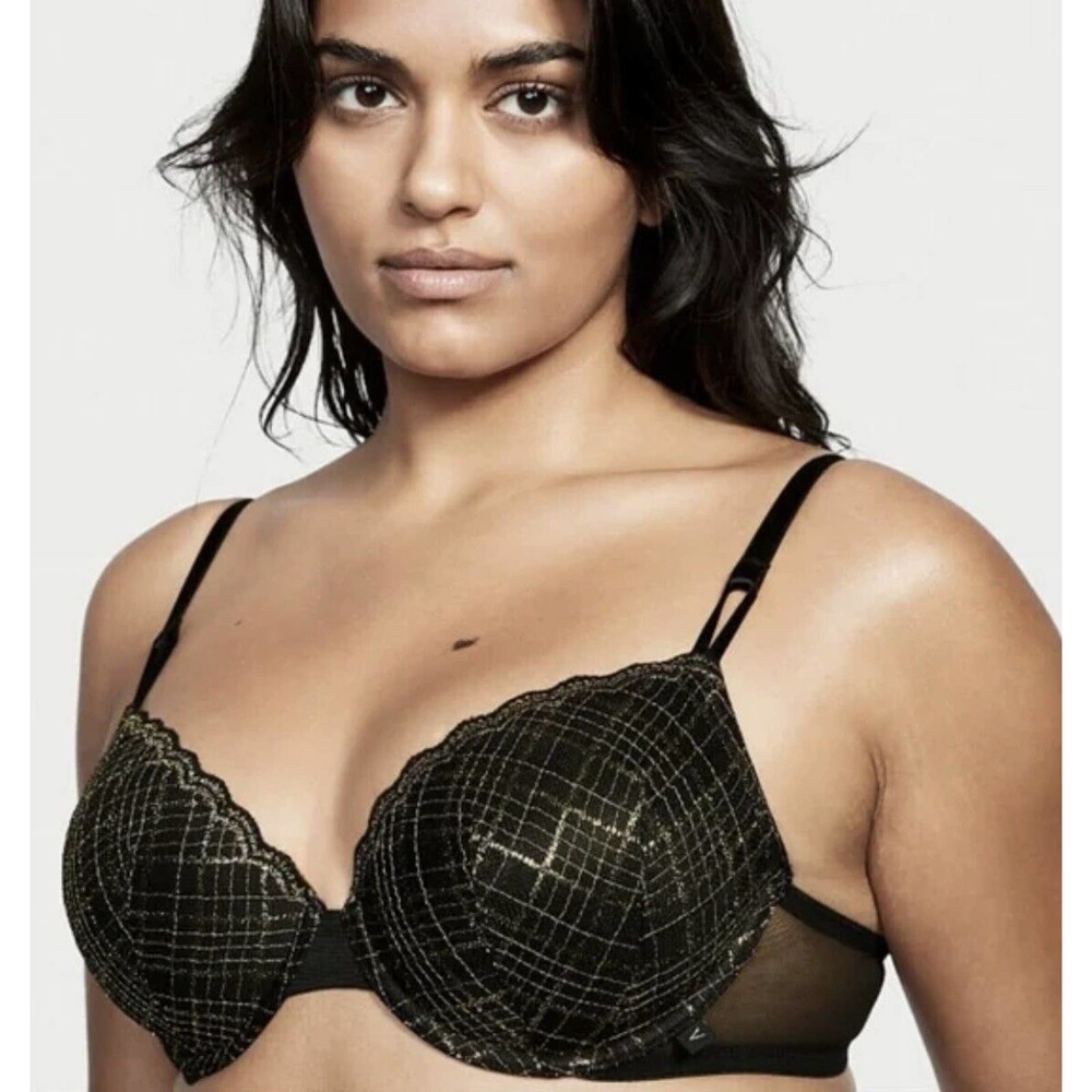 B703 NWT Victoria's Secret Two Way Demi Bra-sz 38C Black/Gold Lightly Lined